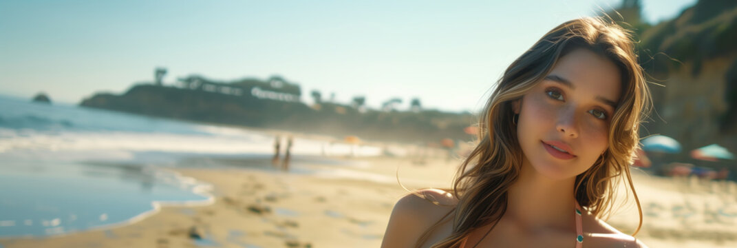 Caucasian woman in bikini looking at camera with confidence at the beach.