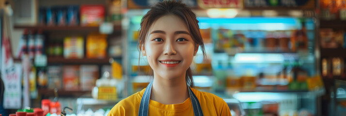 Asian female cashier working with merchandise in convenience store.
