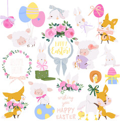Obraz premium Vector Easter Set with Cute White Bunnies, Gooses, Sheeps, Foxes and Easter Eggs