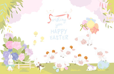 Cute Cartoon Lambs and Bunnies celebrating Easter on Spring Meadow. Vector Illustraion