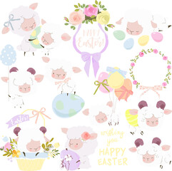 Vector Easter Set with Cute White Sheep and Easter Eggs