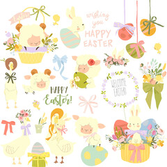 Vector Easter Set with Cute White Bunnies, Gooses, Sheeps and Easter Eggs