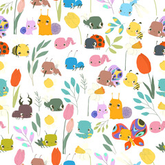 Naklejka premium Vector Seamless Pattern with Cute Baby Insects, Flowers and Plants
