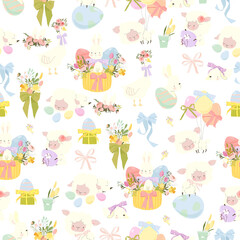 Vector Seamless Pattern with Cute White Bunnies, Gooses, Sheeps and Easter Eggs