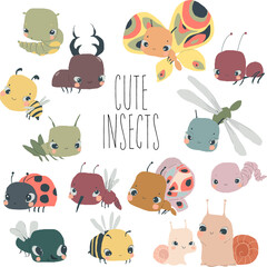 Vector Cartoon Set with Cute Baby Insects on White Background