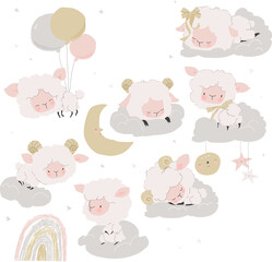 Cartoon Set with Cute Lambs sleeping on Clouds. Vector Set