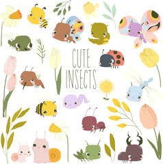 Vector Cartoon Set with Cute Baby Insects, Flowers and Plants