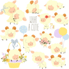 Cute Little Sheep Cartoon Characters. Vector Set