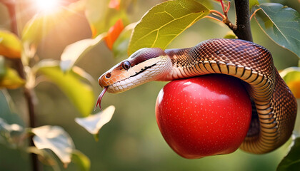 The Original Sin and the Forbidden Fruit Concept, close-up of a poisonous snake coiled around a red apple in the Garden of Eden, tree of knowledge of good and evil. Adam and Eve. Generative Ai.