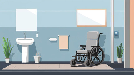 A flat design of a wheelchair-accessible bathroom in an office setting.