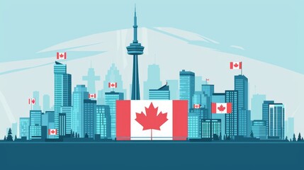 Naklejka premium Vibrant Toronto Skyline Illustration with Canadian Flags