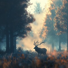 Mystic Dawn A Majestic Deer Grazing in the Misty Forest
