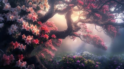 Mystical tree with vibrant pink and white blossoms enveloped in morning fog.