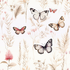 Watercolor butterfly, flower and leaves seamless pattern. Beautiful delicate background with nature elements for textile, print, fabric