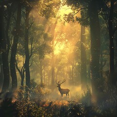 Mystic Dawn A Majestic Deer Grazing in the Misty Forest