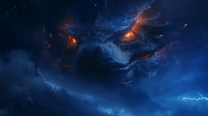 Imposing blue dragon emerging from clouds under a starry night sky. Epic fantasy and power concept.