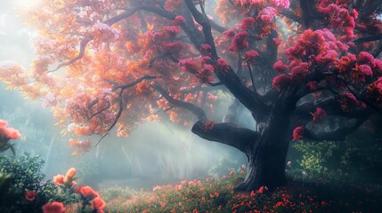 Mystical tree with vibrant pink and white blossoms enveloped in morning fog.