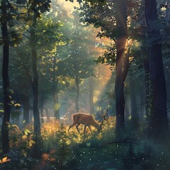 Fototapeta premium Mystic Dawn A Majestic Deer Grazing in the Misty Forest