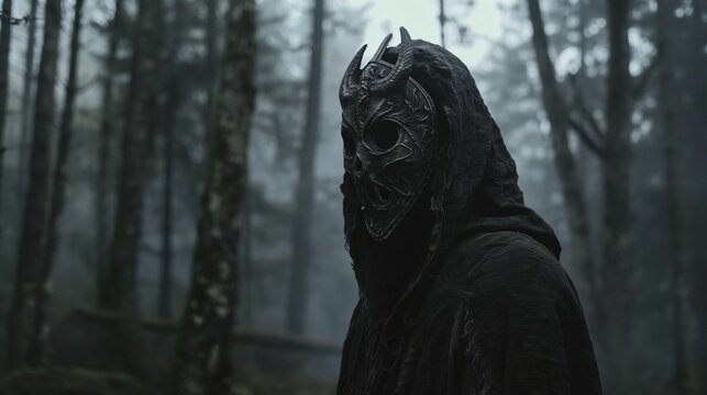 Mysterious figure in a horned mask standing in a foggy forest.