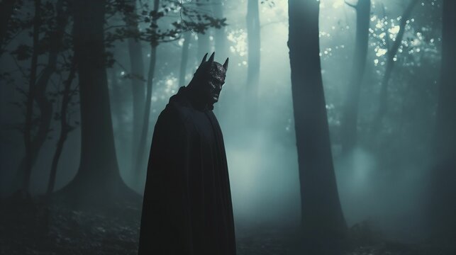 Mysterious figure in a horned mask standing in a foggy forest.