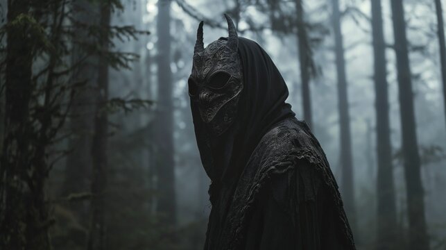 Mysterious figure in a horned mask standing in a foggy forest.