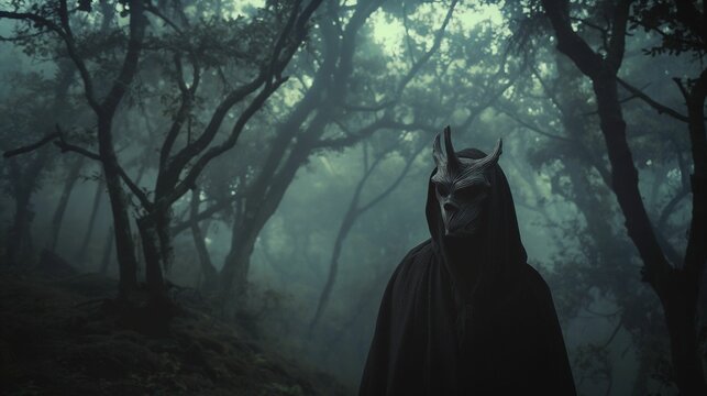 Mysterious figure in a horned mask standing in a foggy forest. - Powered by Adobe