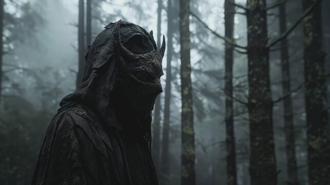 Mysterious figure in a horned mask standing in a foggy forest.