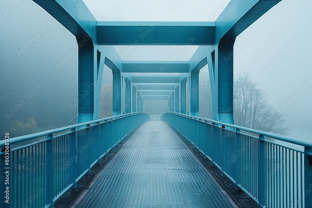 Poster a pedestrian bridge that illustrates structural minimalism, using an algorithm to minimize material 