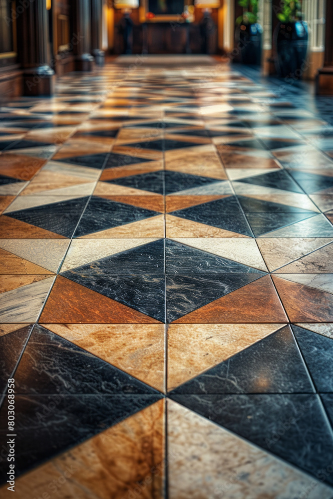 Poster A luxury hotel whose lobby features a complex tiling of Penrose tiles, creating a never-repeating but perfectly ordered pattern,