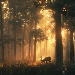 Mystic Dawn A Majestic Deer Grazing in the Misty Forest