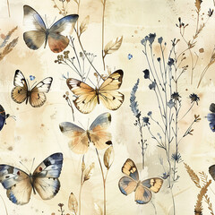 Watercolor butterfly, flower and leaves seamless pattern. Beautiful delicate background with nature elements for textile, print, fabric