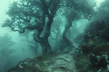 A foggy forest path winding through ancient trees, sparking a sense of mystery and adventure in the mind.