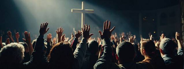 an illustration showing the faithful raising their hands in worship before the cross.