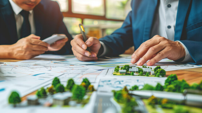 Urban planners discussing a city development project with a model and maps.