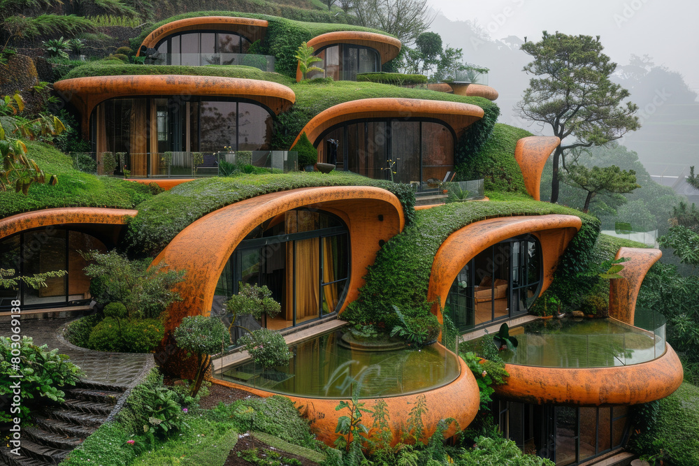 Poster A series of villas designed with roofs that resemble the Fibonacci spirals, integrating naturally into the surrounding landscape,