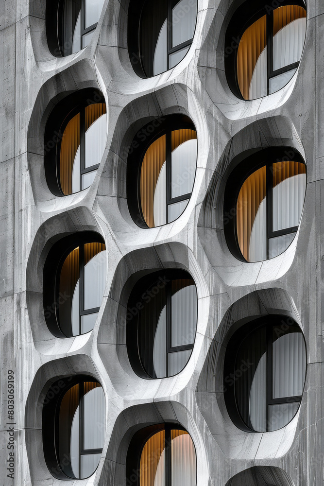 Poster An office building whose core structure is modeled after a Voronoi diagram, with unique, cell-like windows optimizing natural light,