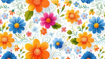 Vector illustration of colorful flowers and swirls on a white background, seamless pattern for gift wrap paper or textile print, a cute retro design in a playful and cheerful style.