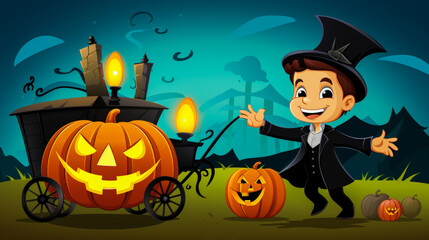 A cartoonish magician kid transforming a pumpkin into a carriage.
