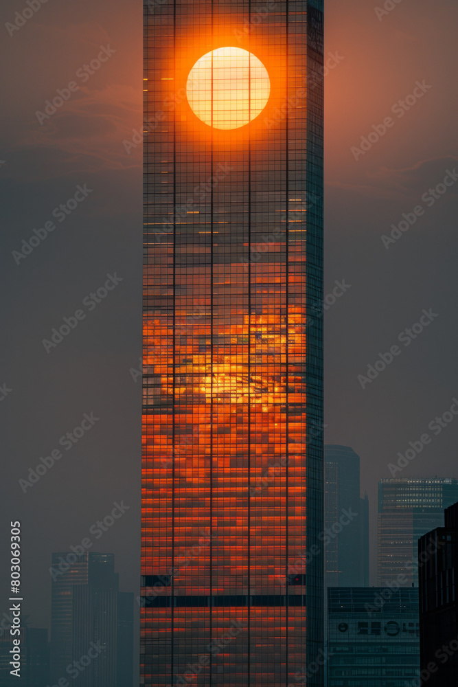 Poster a skyscraper designed using the golden ratio, its facade reflecting the sun in perfect harmony, crea