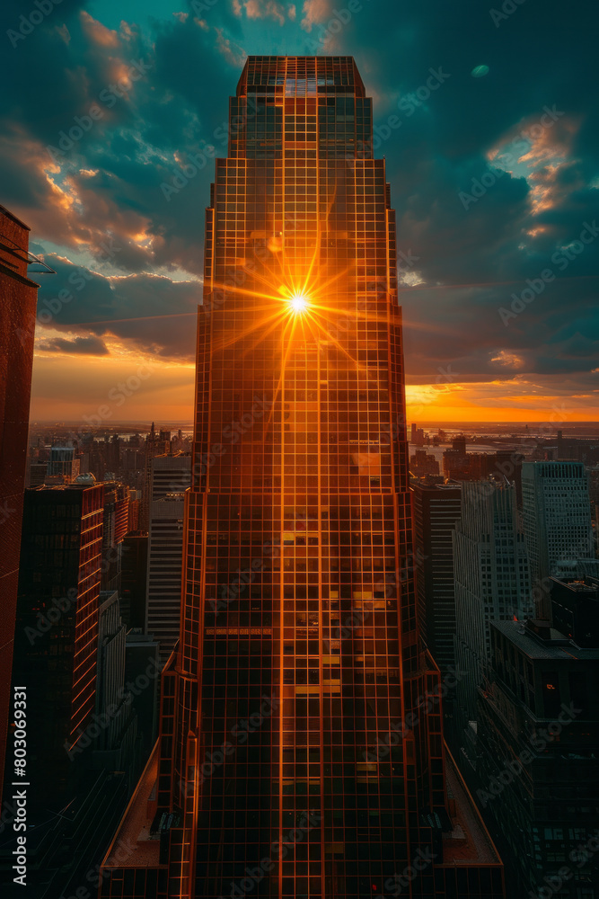 Poster a skyscraper designed using the golden ratio, its facade reflecting the sun in perfect harmony, crea