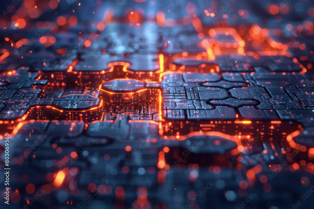 Aufkleber A depiction of a blockchain network, with each block containing data secured by cryptographic hashes, represented as interconnected puzzles,
