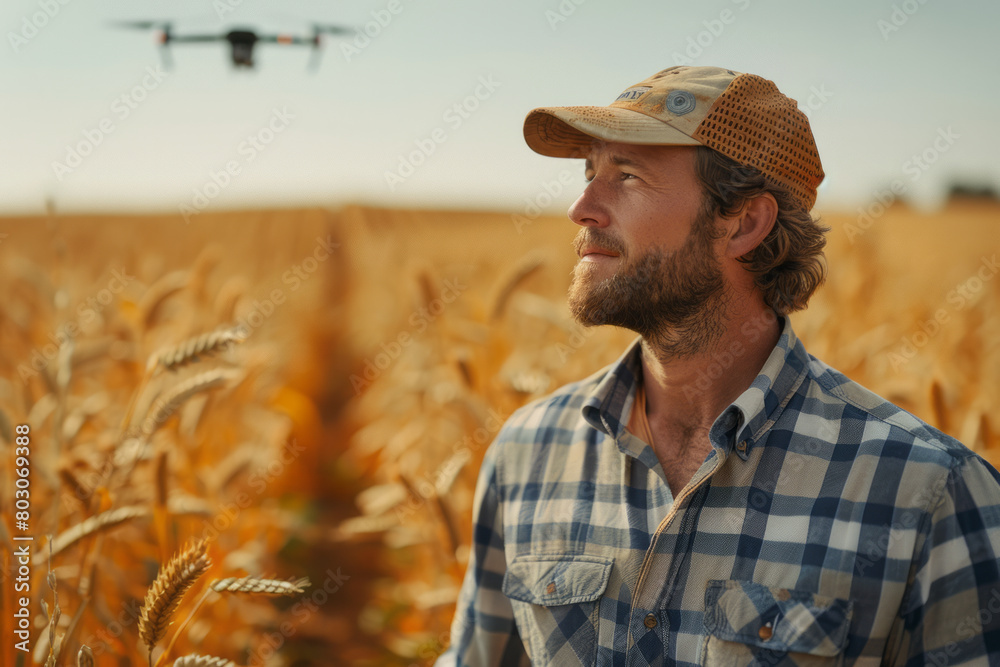 Poster an agricultural engineer using drone technology to assess crop health, where flight paths are calcul
