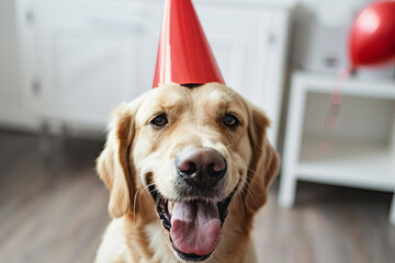 dog celebrating with red pary hat and blow-out
 - obrazy, fototapety, plakaty