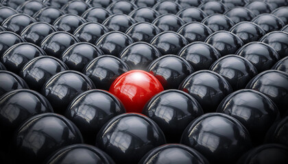 Extreme close-up of one single red ball among a large group of black balls. Standing out from the crowd, thinking outside the box, leadership and individuality concept. Generative Ai.