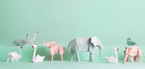 A perfectly formed origami animal zoo, with creatures ranging from elephants to swans, set against a pastel mint background.