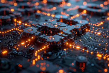 A depiction of a blockchain network, with each block containing data secured by cryptographic hashes, represented as interconnected puzzles,