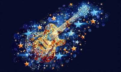abstract illustration of guitar surrounded by stars in mosaic style, logo for t-shirt print