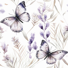 Watercolor butterfly, flower and leaves seamless pattern. Beautiful delicate background with nature elements for textile, print, fabric