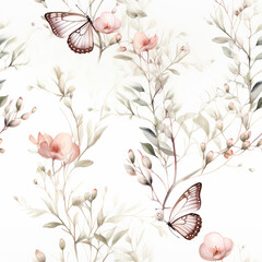Fototapeta premium Watercolor butterfly, flower and leaves seamless pattern. Beautiful delicate background with nature elements for textile, print, fabric