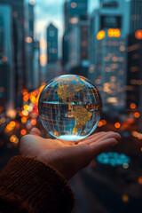 Fototapeta premium Glass globe in the palm of female hand on background of big city. Global business.